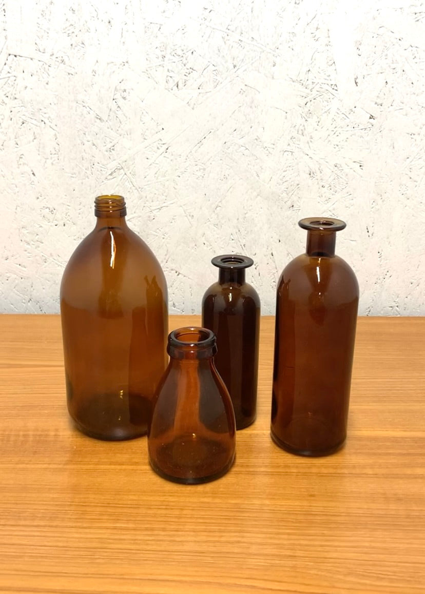 Set of 4 Amber Glass Bottles/Vases